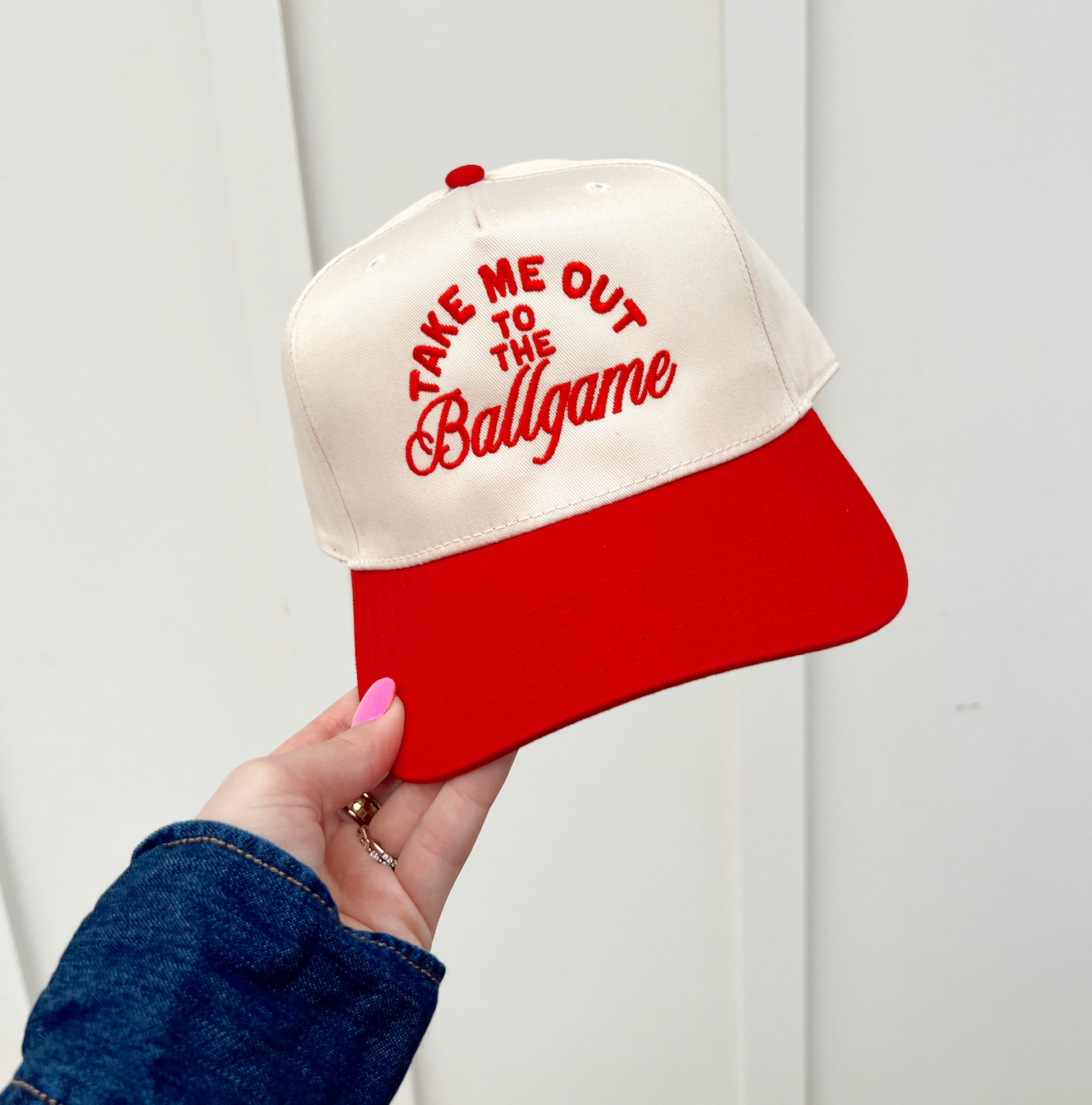 Ruby Moon - Take Me Out To The Ballgame-Baseball Hats: Red/Natural Hat