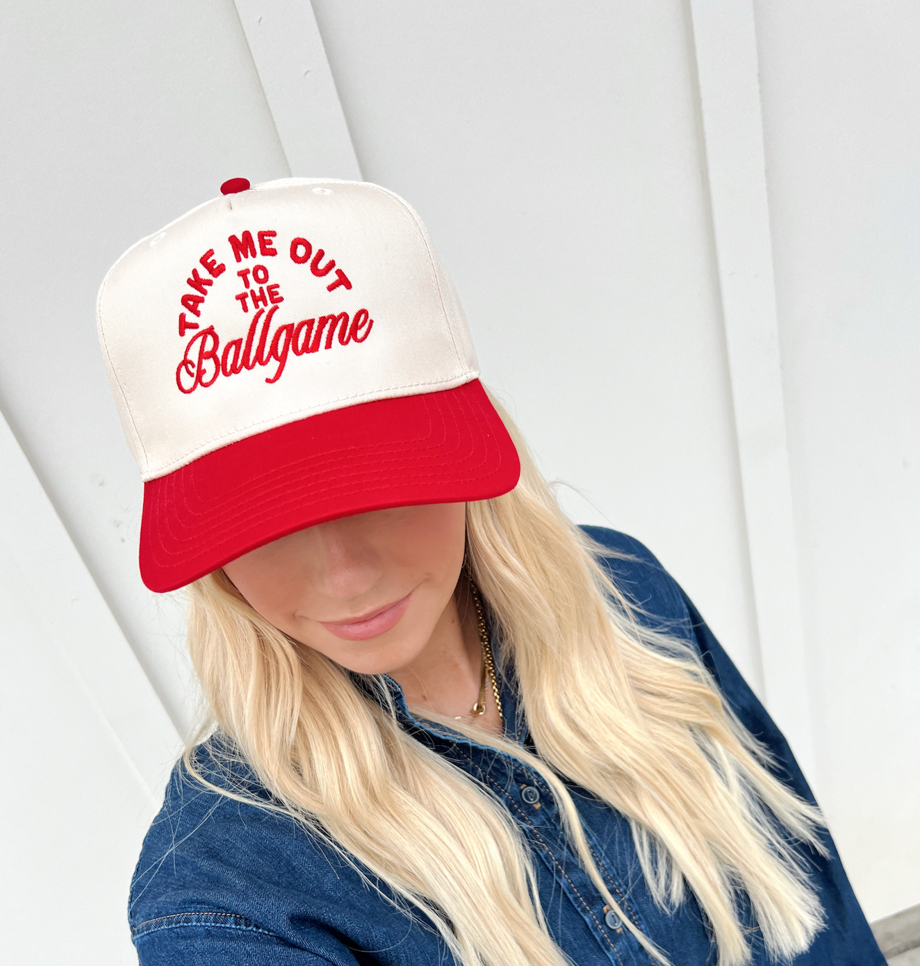 Ruby Moon - Take Me Out To The Ballgame-Baseball Hats: Red/Natural Hat